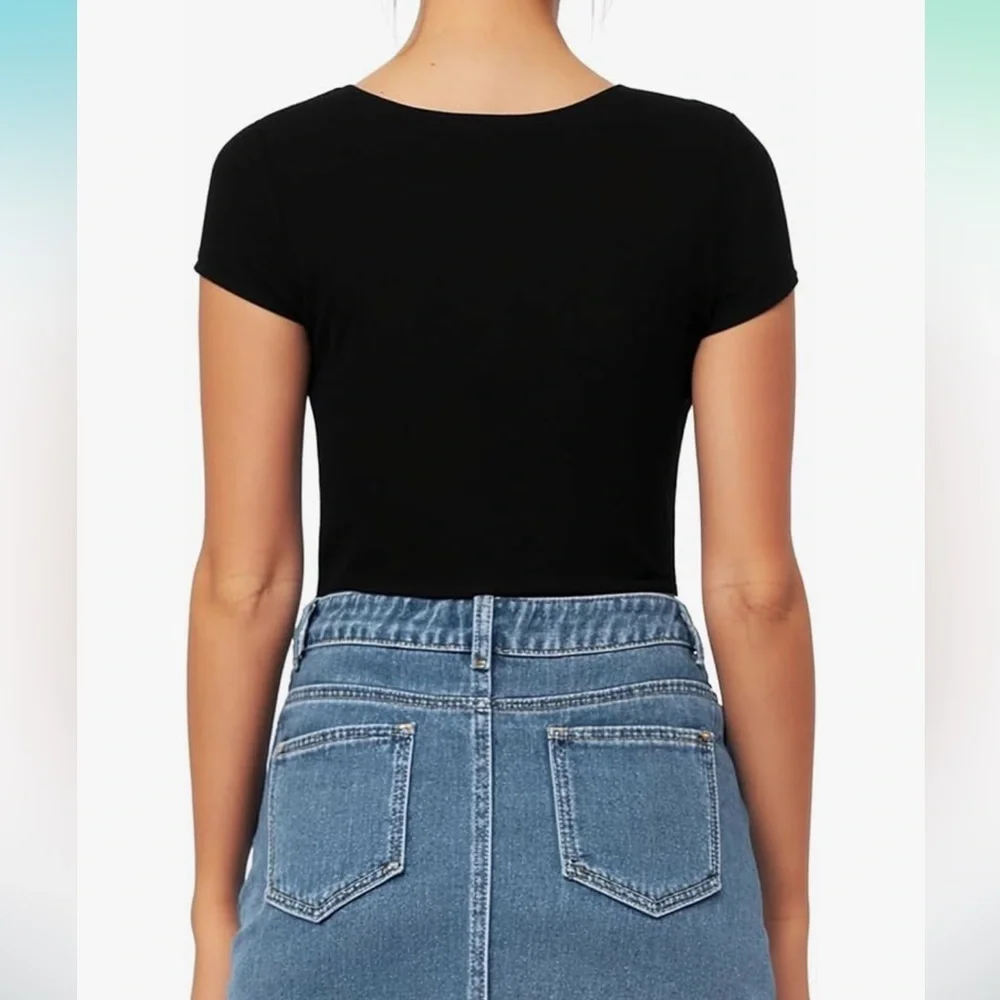 Women's Square Neck Bodysuit Short Sleeve Shirt Tops - Picture 3 of 6
